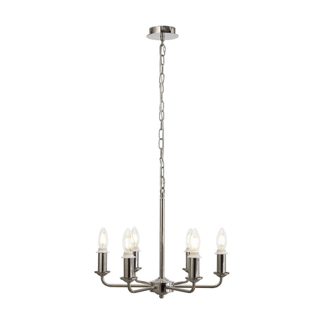 Banyan 6 Light Semi Flush Ceiling Light in polished nickel, six slender arms with candle bulbs on a central column and chain, plain white background.