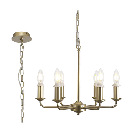 Banyan 6 Light E14 Semi Flush Ceiling Light in champagne gold, six candle-style arms with bare lampholders and lit bulbs, shown with chain and ceiling rose on a white background.