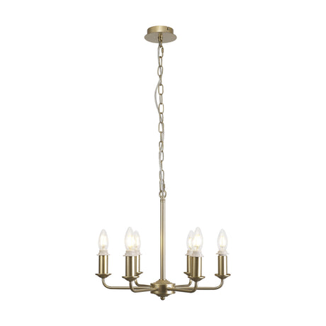 Banyan 6 Light E14 semi flush ceiling light in champagne gold, six curved iron arms with candle-style bulbs on a suspended chain, shown on a plain white background.
