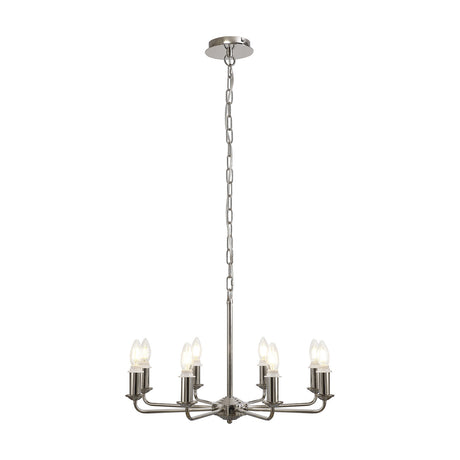 Banyan 8 Light Semi Flush Ceiling Light in polished nickel, 59cm span with eight slim arms rising to candle-style bulbs on a chain drop, shown against a plain white background.
