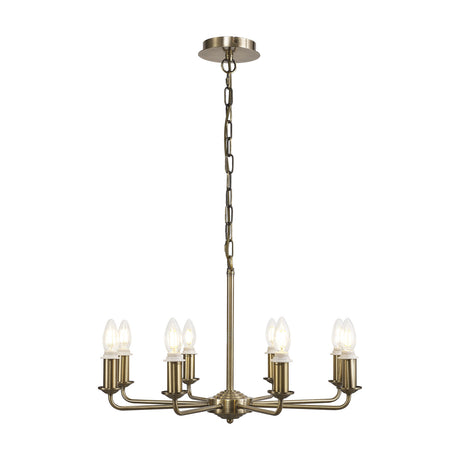 Banyan 8 Light E14 semi flush ceiling light in antique brass, eight slim arms with candle-style bulbs radiating from a central chain, on a plain white background.