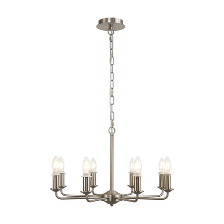 Banyan 8 Light E14 Semi Flush Ceiling Light in satin nickel, 59cm wide with eight curved arms holding exposed candle bulbs, shown on a plain white background.