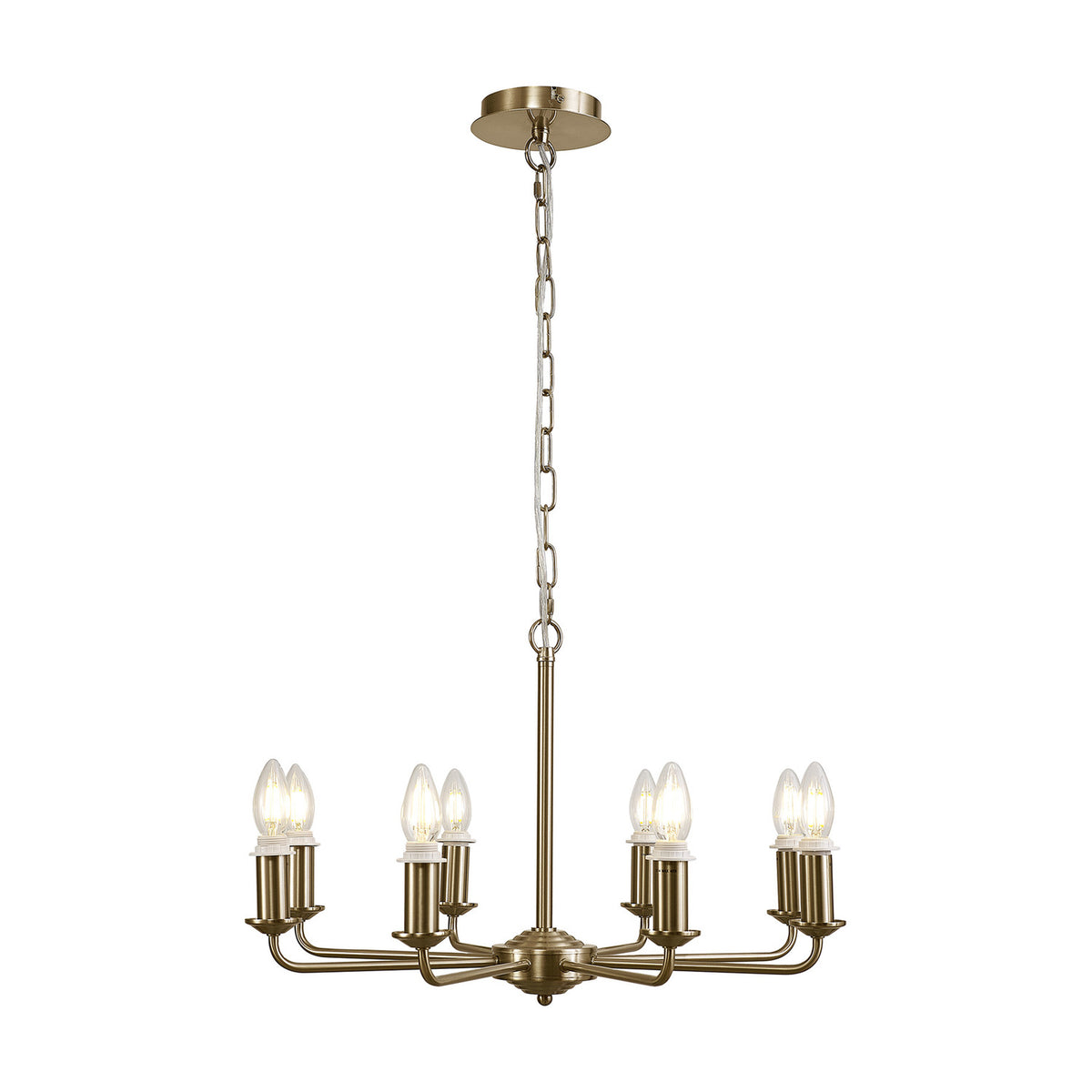 Banyan 8 Light E14 Semi Flush Ceiling Light in champagne gold, 59cm iron frame with eight candle-style arms and exposed bulbs, hung on a chain against a plain white background.