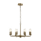 Banyan 8 Light E14 Semi Flush Ceiling Light in champagne gold, 59cm iron frame with eight candle-style arms and exposed bulbs, hung on a chain against a plain white background.