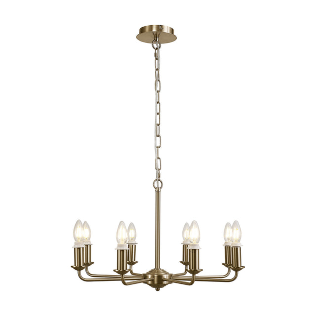 Banyan 8 Light E14 Semi Flush Ceiling Light in champagne gold, 59cm iron frame with eight candle-style arms and exposed bulbs, hung on a chain against a plain white background.