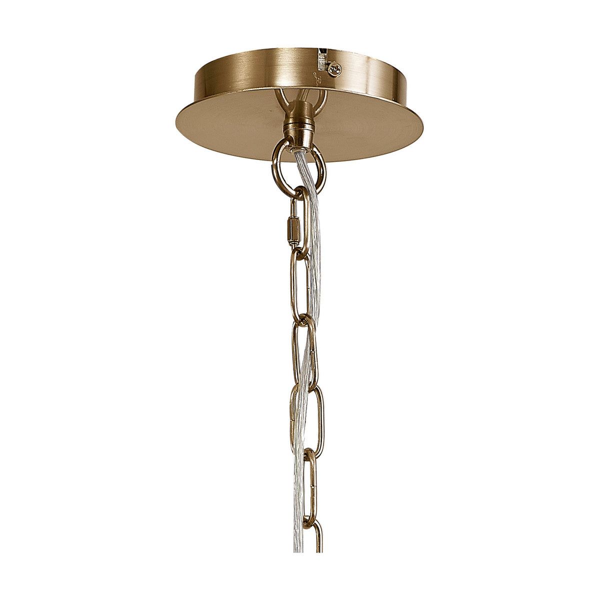 Close-up of the Banyan semi flush ceiling light's champagne gold ceiling rose and chain with clear cable, shown against a plain white background.