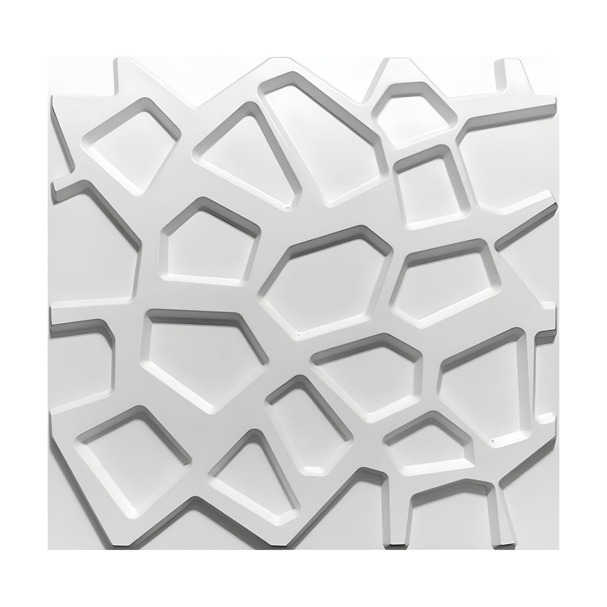 White 3D PVC wall panel, 50 x 50cm, featuring an irregular geometric pattern of recessed polygon shapes divided by raised flat bands, shown on a plain background.