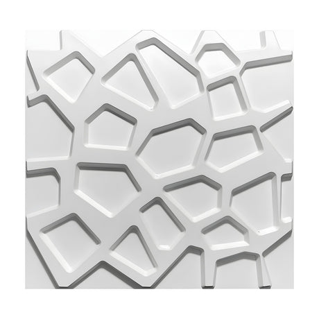 White 3D PVC wall panel, 50 x 50cm, featuring an irregular geometric pattern of recessed polygon shapes divided by raised flat bands, shown on a plain background.