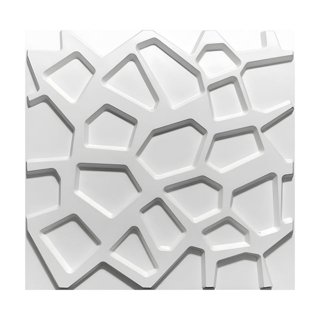 White 3D PVC wall panel, 50 x 50cm, featuring an irregular geometric pattern of recessed polygon shapes divided by raised flat bands, shown on a plain background.