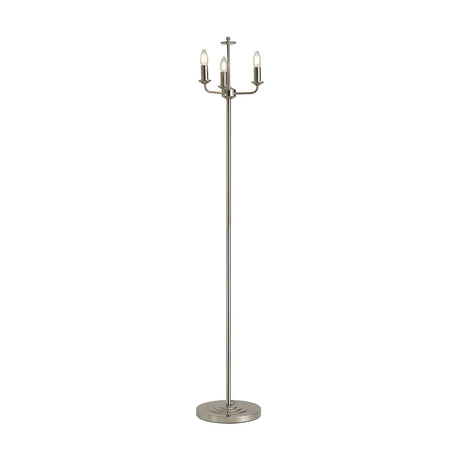 Banyan 3 Light E14 Floor Lamp in polished nickel, tall slender iron column with three curved candle arms and bulbs, round base, shown on a plain white background.