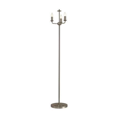 Banyan 3 Light E14 Floor Lamp in satin nickel, tall slim iron stem with a round base and three candle-style arms holding exposed bulbs, on a plain white background.