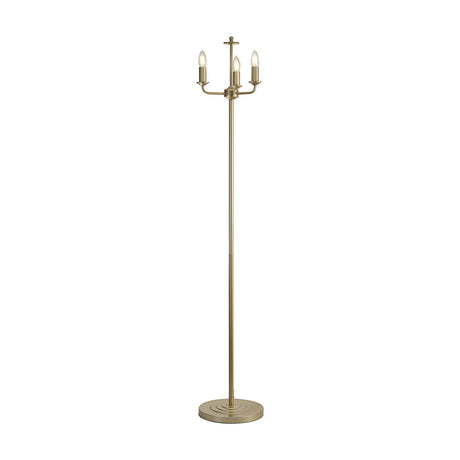 Banyan 3 Light E14 Floor Lamp in champagne gold, tall slender iron stand with three candle-style arms and bulbs, round base, shown on a plain white background.