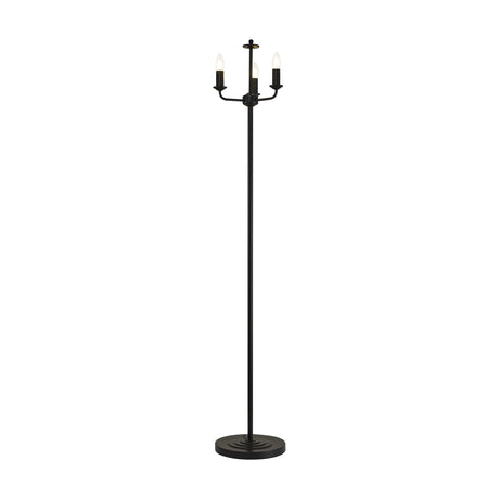 Banyan 3 Light E14 Floor Lamp in matt black iron, tall slender column with three candle-style bulb holders on curved arms and a round 30cm base, shown on a plain white background.