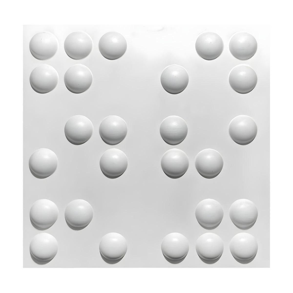 White square 3D PVC wall panel, 50 x 50cm, featuring raised round domes arranged in irregular clusters resembling Braille dots on a plain white background.