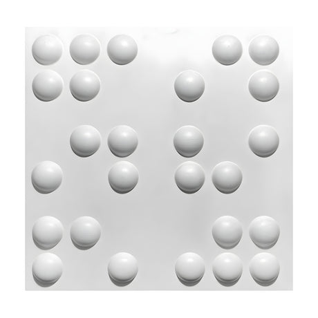 White square 3D PVC wall panel, 50 x 50cm, featuring raised round domes arranged in irregular clusters resembling Braille dots on a plain white background.