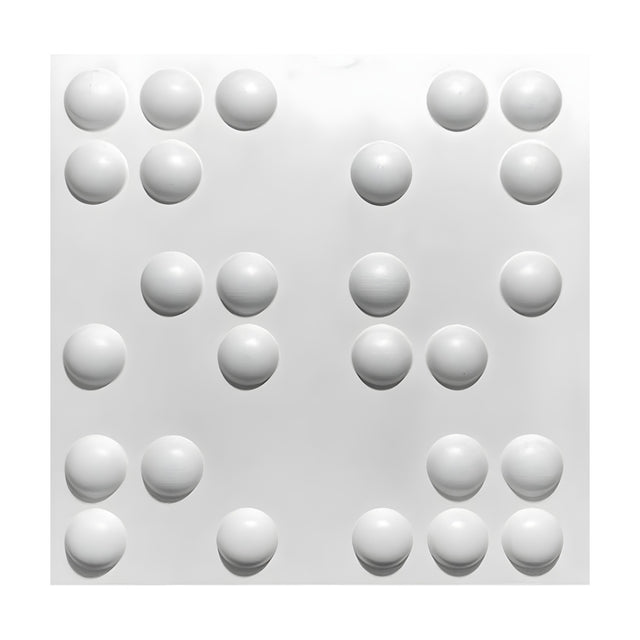 White square 3D PVC wall panel, 50 x 50cm, featuring raised round domes arranged in irregular clusters resembling Braille dots on a plain white background.