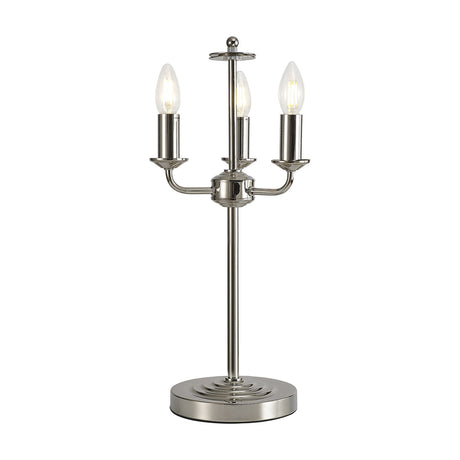 Banyan 3 Light E14 table lamp in polished nickel, with a slender central stem and three candle-style arms holding exposed bulbs on a round tiered base, shown on a plain white background.