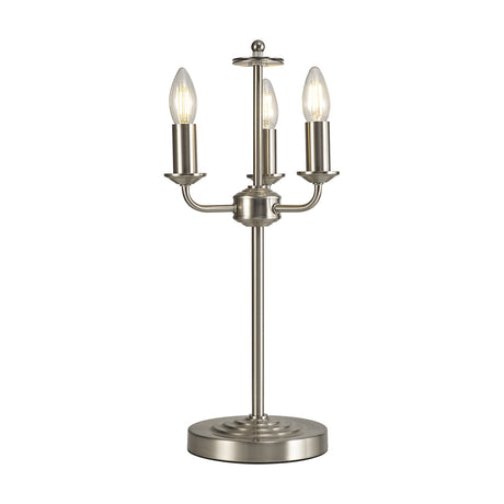Banyan 3 Light E14 Table Lamp in satin nickel with candlestick arms and exposed bulbs, stepped round base and central stem, shown on a plain white background.