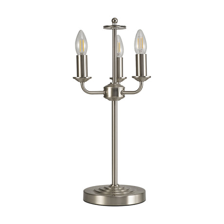 Banyan 3 Light E14 Table Lamp in satin nickel, three candle-style arms on a stepped round base with exposed bulbs, no shades, shown on a plain white background.