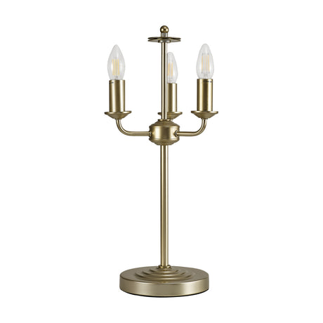 Banyan 3 Light E14 Table Lamp 24cm in champagne gold, three candle-style arms on a central stem with round base, shown without shades on a plain white background.