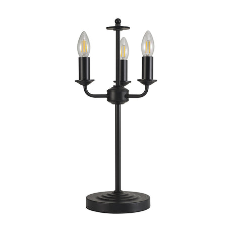 Banyan 3 Light E14 Table Lamp in matt black iron, three candle-style arms with exposed bulbs on a round stepped base, shown on a plain white background.