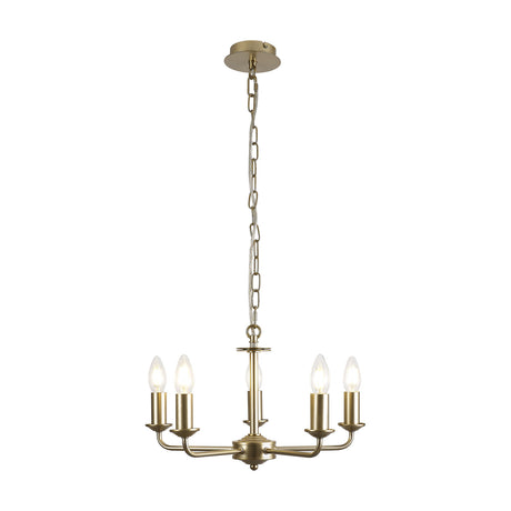 Banyan 5 Light E14 Pendant Light in champagne gold, 45cm frame with five upturned arms holding exposed candle bulbs, suspended from a chain on a plain white background.