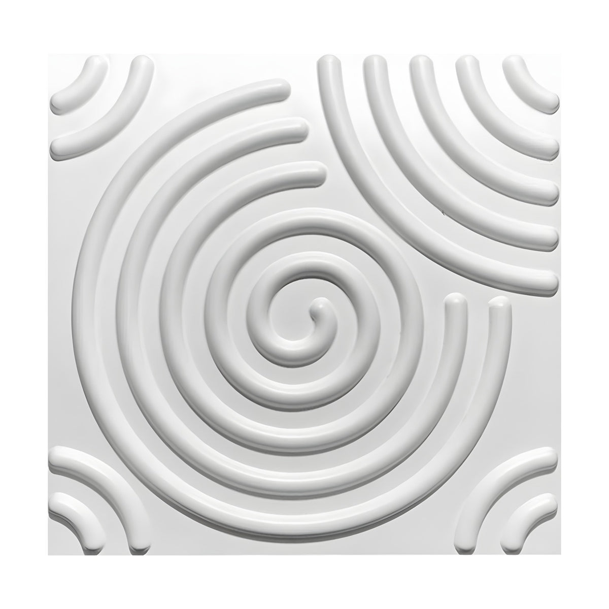 White 3D PVC wall panel, 50 x 50cm, featuring a central raised spiral with tube-like ribs, quarter-circle arcs in one corner, and small arc pairs in the other three, on a plain background.