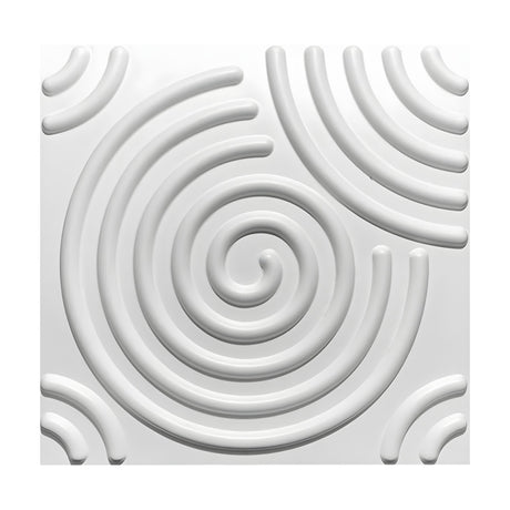 White 3D PVC wall panel, 50 x 50cm, featuring a central raised spiral with tube-like ribs, quarter-circle arcs in one corner, and small arc pairs in the other three, on a plain background.