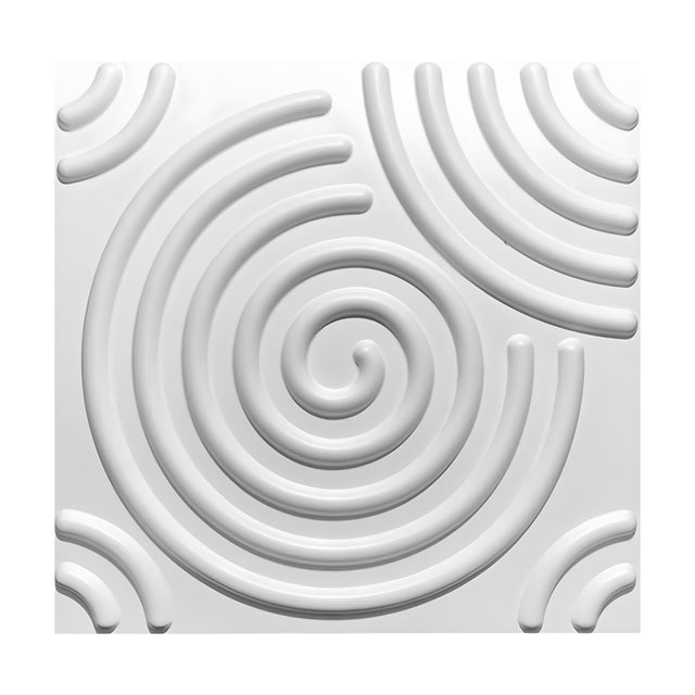 White 3D PVC wall panel, 50 x 50cm, featuring a central raised spiral with tube-like ribs, quarter-circle arcs in one corner, and small arc pairs in the other three, on a plain background.