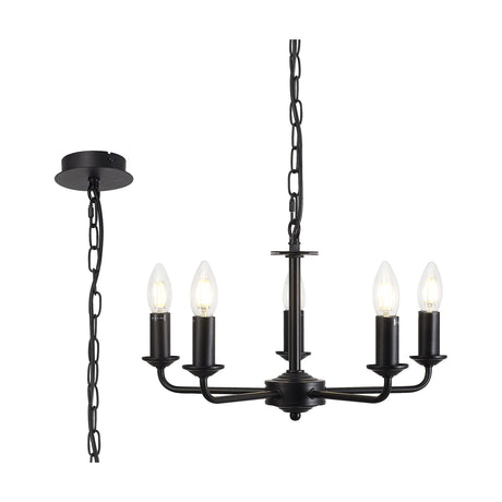 Banyan 5-light E14 pendant in matt black, 45cm span with five curved arms holding open candle holders and lit bulbs, suspended by chain from a round ceiling rose.