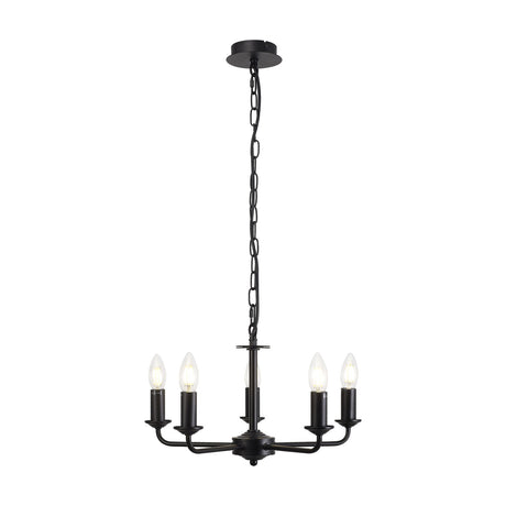 Banyan 5 Light E14 Pendant Light, 45cm matt black iron fixture with five curved arms, open candle lampholders and a chain suspension, shown on a plain white background.