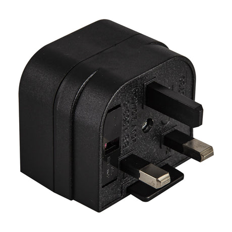 Additions Converter 36mm plug adapter in black plastic with UK three-pin plugtop and European socket inlet, shown on a plain white background.