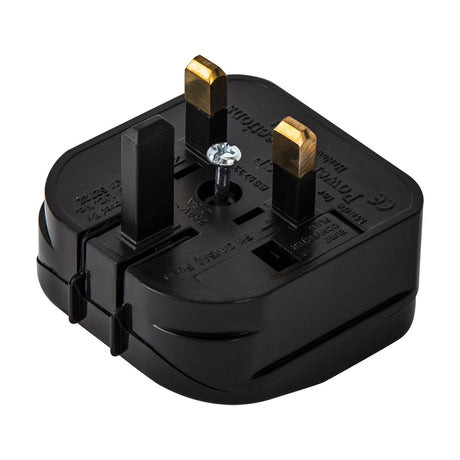 Additions Converter 23mm plug adapter in black polycarbonate, showing folding two-pin input and UK three-pin output with earth pin, on a plain white background.