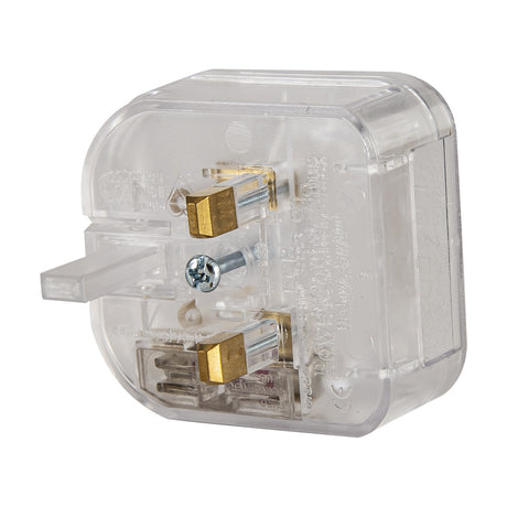 Additions 3A plug adaptor in clear polycarbonate, 49mm long, showing brass pins, fuse, and screw terminal detail on a white background.