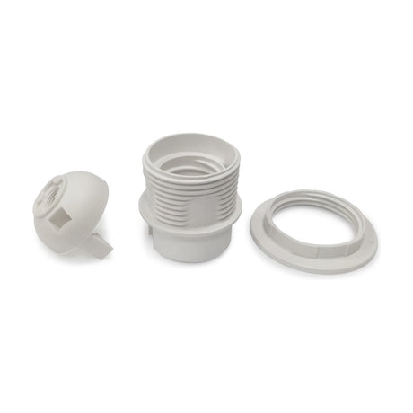 White plastic E27 lampholder shown disassembled with threaded body, shade ring, and screw terminal cover on a plain background.