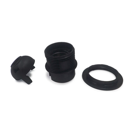 Additions E27 lampholder in black plastic, shown disassembled into cap, threaded body with shade ring, and 57mm outer ring, on a plain white background.