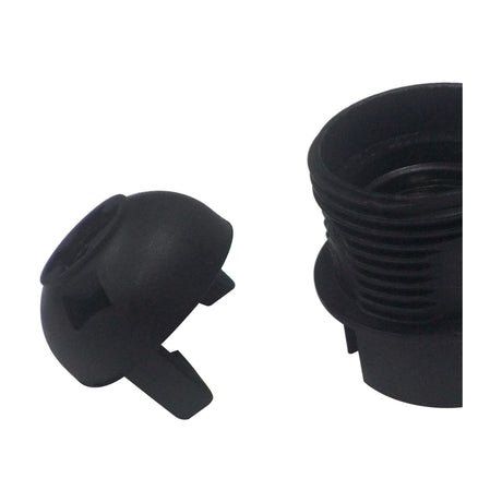 Additions E27 lampholder in black, showing the threaded 57mm shade ring body and separate insert piece with prongs, on a plain white background.