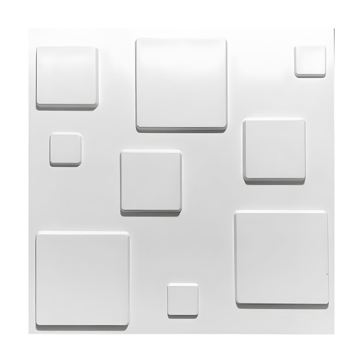White PVC 3D wall panel, 50 x 50cm, with nine raised squares in three sizes scattered unevenly across a flat square base, shown against a plain white background.