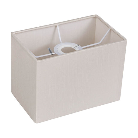 Serena Rectangle Lamp Shade 20cm in nude beige faux silk, showing straight sides, crisp corners, and white fitting frame inside, on a plain white background.