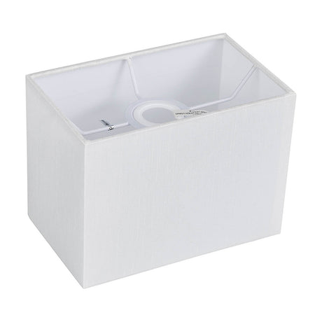 Serena Rectangle Lamp Shade in white faux silk with squared corners and white laminate lining, shown at an angle against a plain white background.