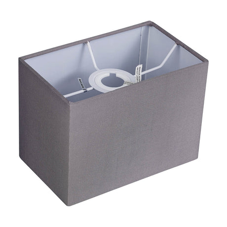 Serena Rectangle Lamp Shade 20cm in grey faux silk with white laminate lining, shown from above with visible support frame and E27 fitting on a white background.