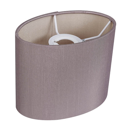 Serena Oval Lamp Shade in taupe faux silk with visible white fitter and support struts, shown on a plain white background.