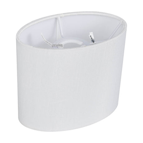Serena Oval Lamp Shade in white faux silk, low wide oval profile with visible metal frame and fitting, shown against a plain white background.