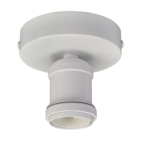 Dreifa E27 ceiling light with a 10cm round matt white base and single knurled lamp holder, shown on a plain white background.