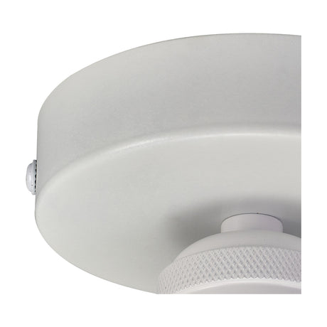 Close-up of the Dreifa E27 Ceiling Light in matt white, 10cm round base flush to the ceiling with a knurled fitting and E27 lamp holder visible.