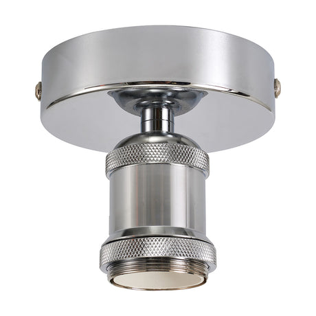 Dreifa E27 ceiling light with 10cm round polished chrome base plate and knurled lamp holder, IP20, on a plain white background.