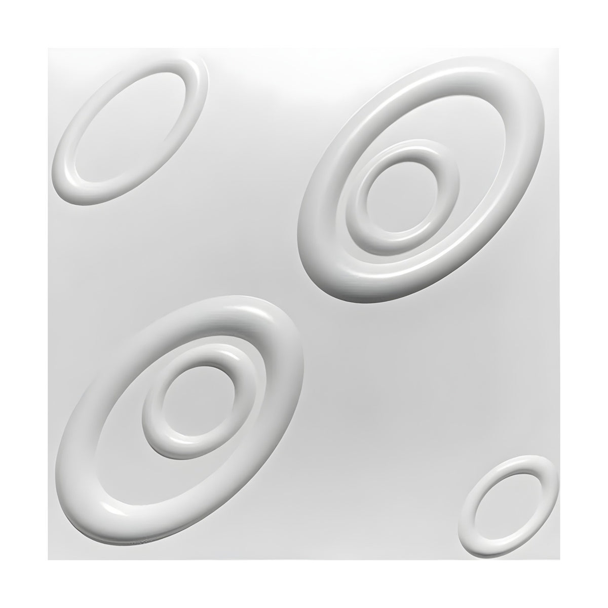 White 3D PVC wall panel, 50 x 50cm, featuring raised nested oval rings tilted diagonally across a flat white surface, shown on a plain background.