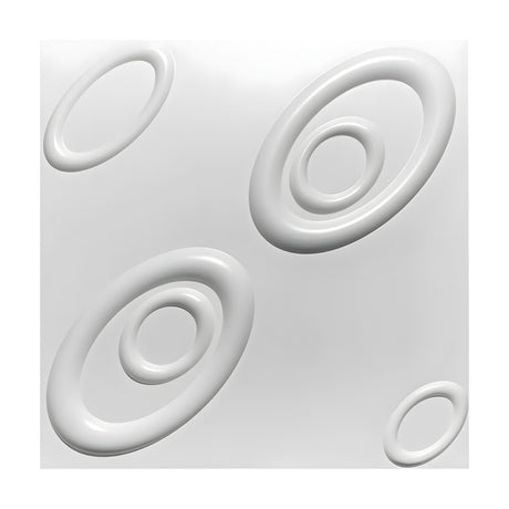 White 3D PVC wall panel, 50 x 50cm, featuring raised nested oval rings tilted diagonally across a flat white surface, shown on a plain background.