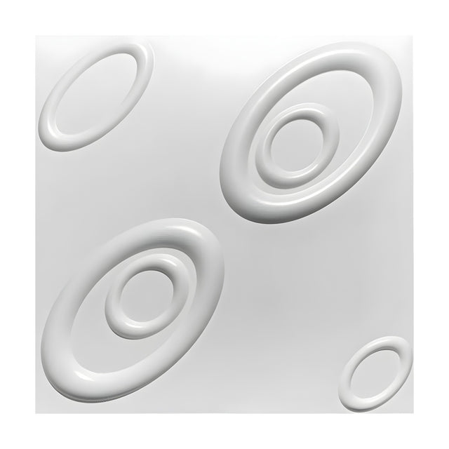 White 3D PVC wall panel, 50 x 50cm, featuring raised nested oval rings tilted diagonally across a flat white surface, shown on a plain background.