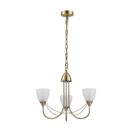 Cooper 3 Light E14 semi flush ceiling light with antique brass frame and chain suspension, three opal white glass shades curving outward, shown on a plain white background.